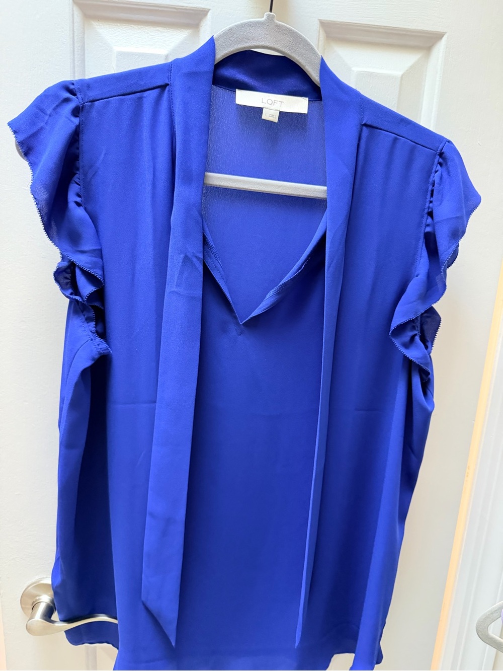 LOFT Cobalt Blue Tie-Neck Ruffle Sleeve Blouse - Picture 4 of 6